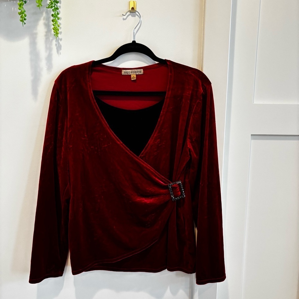 Notations Vintage Red Velvet Euro Long Sleeve Faux Wrap with Tank Women's Top XL